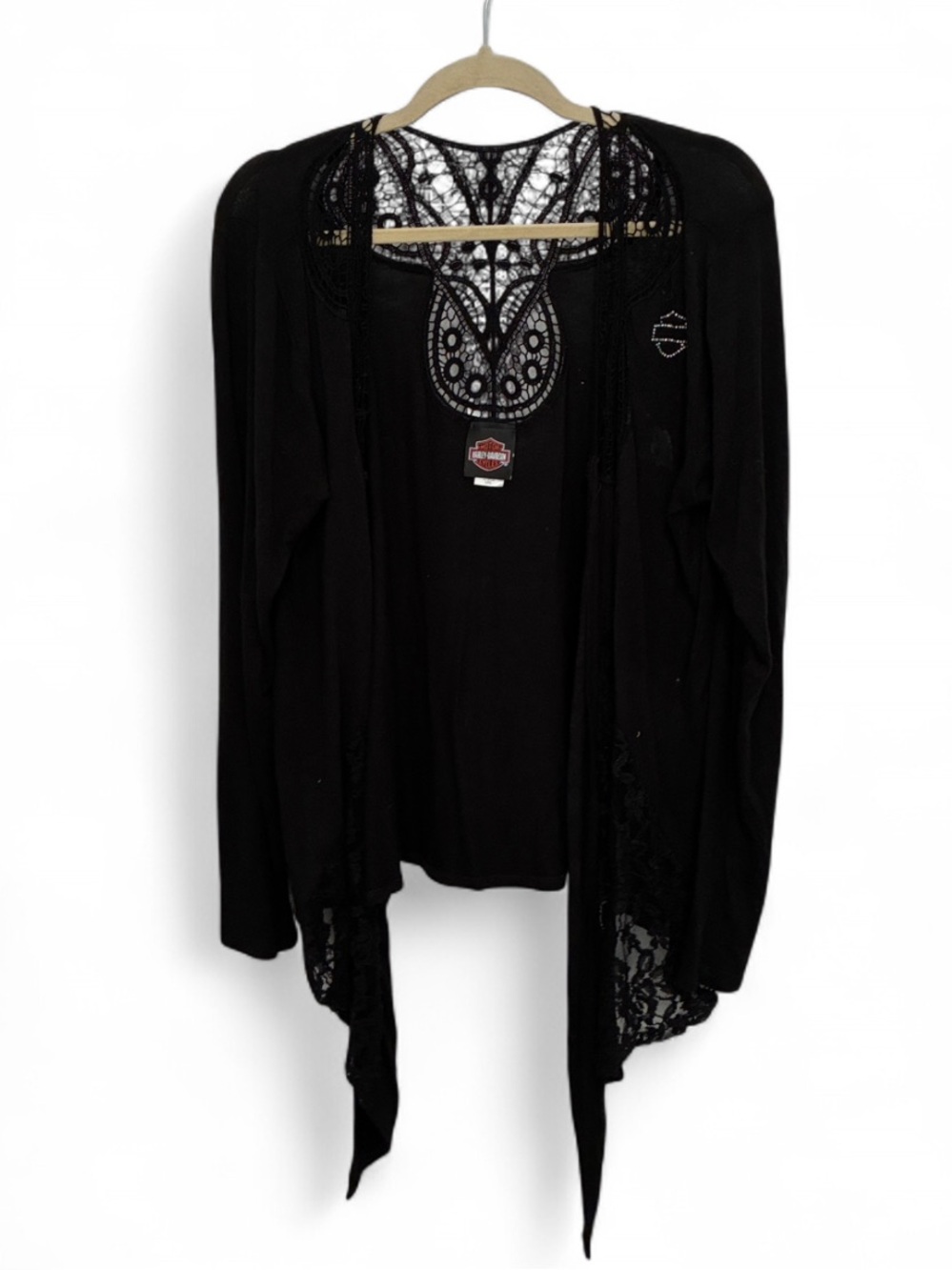 Harley-Davidson Black Lace Crochet Panels Open Front Cardigan